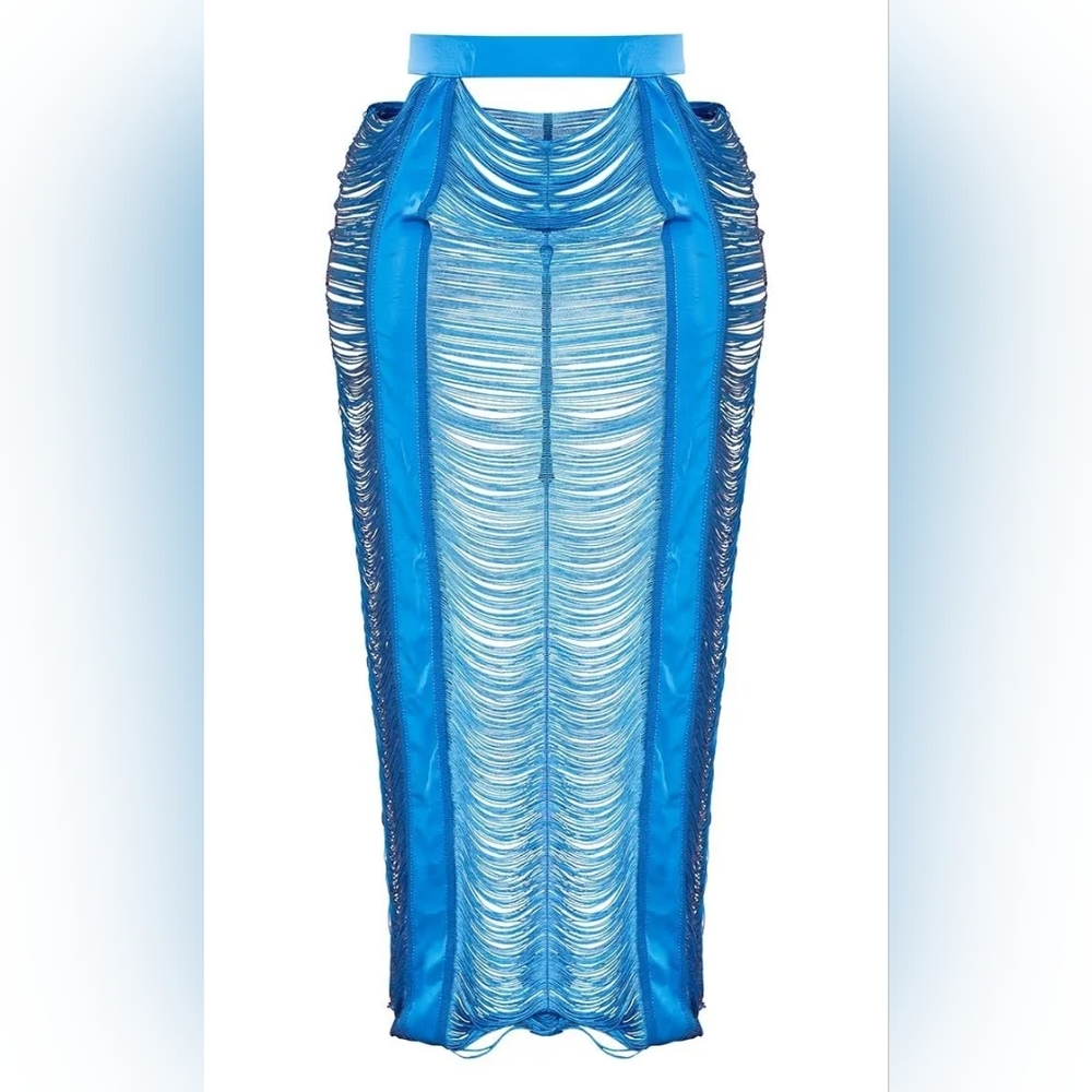 New! PrettyLittleThing Bright Blue Fringe High Rise Pull On Maxi Skirt 22